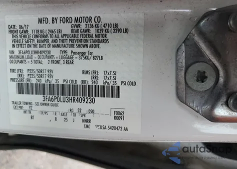2017 Ford Fusion Se Hybrid from USA, damaged, VIN 3FA6P0LU3HR409230